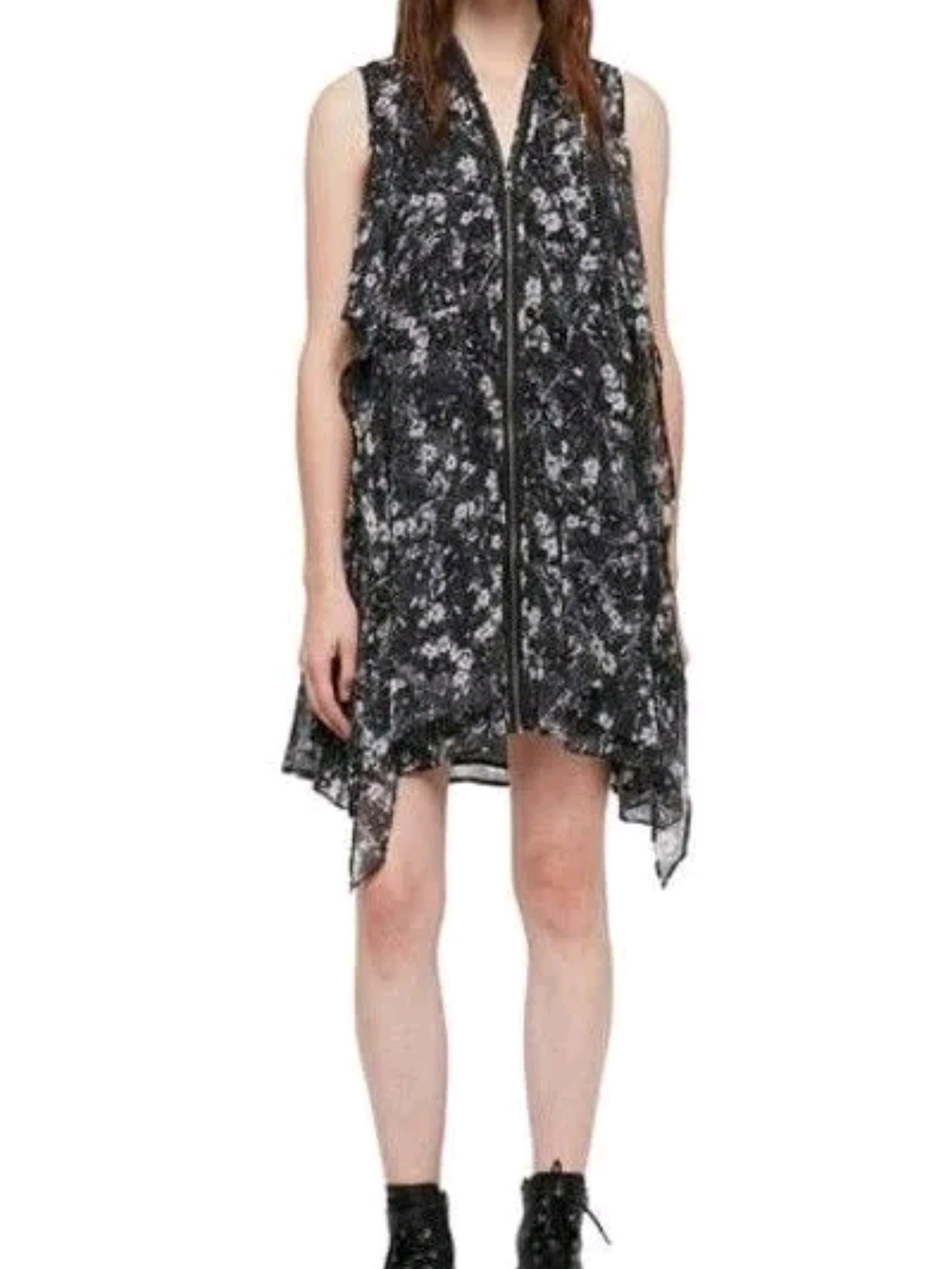 All Saints Black Floral Asymmetrical Zip-Front Dress